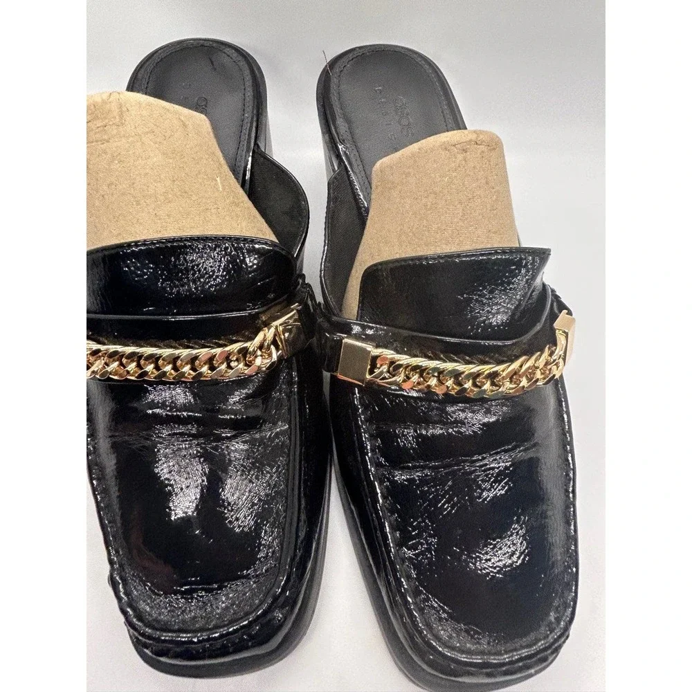 ASOS Black and Gold Heeled Mules Size 9 Classic Loafer Closed Toe Preppy